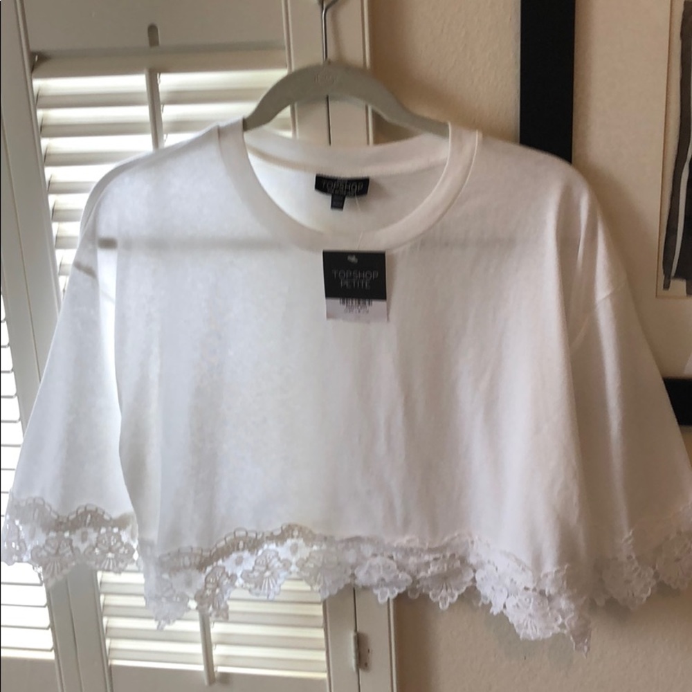 Lace Trimmed Cropped Bell Sleeve Top
